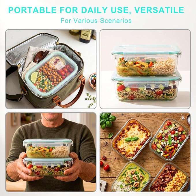 4 Pack 52oz Large Glass Food Storage Containers With Lids - Meal Prep Containers With Airtight Lid For Baking, Storing,Freezer, Dishwasher, Microwave And Oven Safe, Bpa Free（Teal）