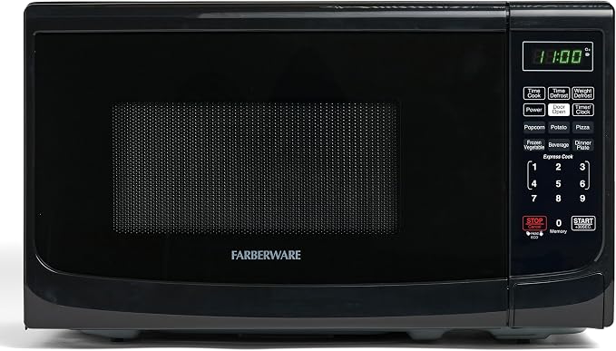Farberware 0.7 Cu. Ft. Countertop Microwave Oven – 700 Watts Power, Auto Cook Settings, Defrost, Easy Clean and Child Safety Lock - Black