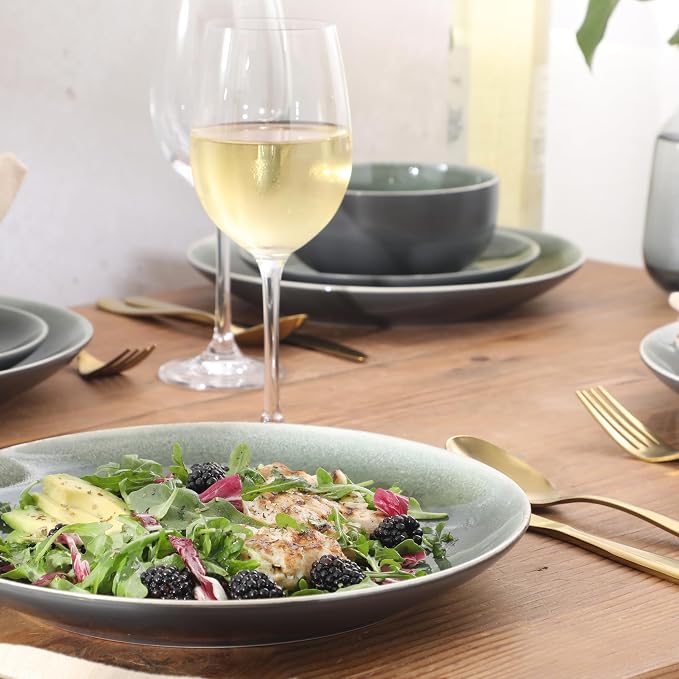 Gibson Elite Pine Coast Plates and Bowls Sets, 12-Piece Stoneware Dinnerware Sets, Reactive Glaze Dish Set - Green