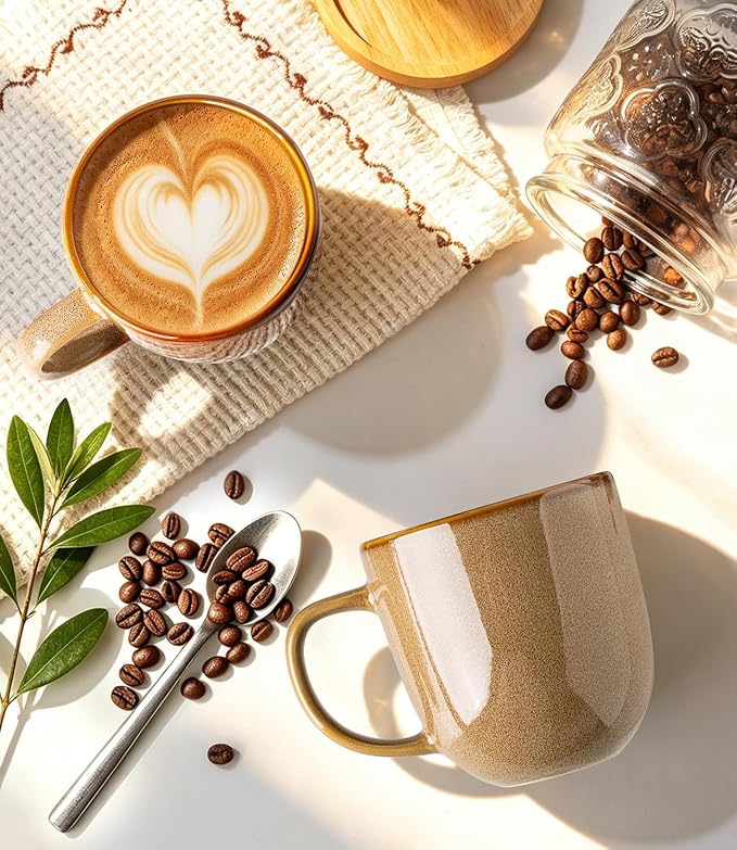 LERATIO Ceramic Coffee Mugs Set of 6,12oz Handmade Coffee Mugs Set with Large Handle for Cappuccino/Latte/Tea/Hot Cocoa, Dishwasher & Microwave Safe-Chestnut