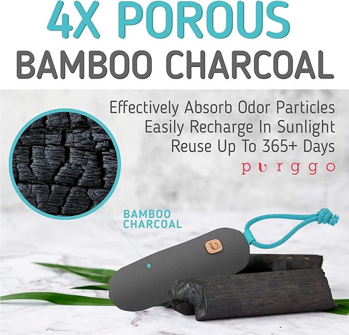 PURGGO Bamboo Charcoal Air Purifying Bag - Last 365+ Days - Shoe Deodorizer, Odor Eliminator - No Chemicals - Air Freshener for Shoes and Closet - Remove Odor Naturally - [4 Pack] [Gray]