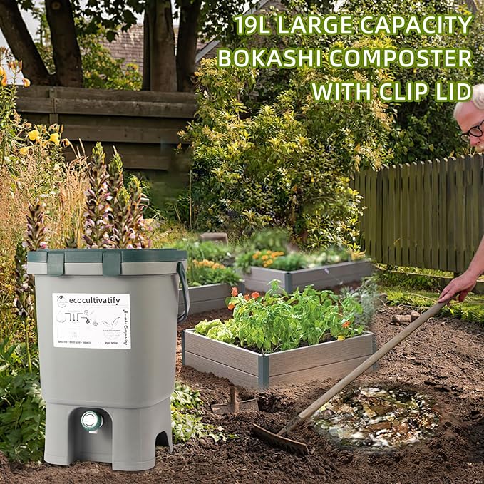20L Bokashi Compost Bin, 5.28 Gallon Compost Bin for Kitchen Composter with Lid, Bokashi Start Kit with Bran (Tan & Dark Green) (18.8L/5 Gal Grey)