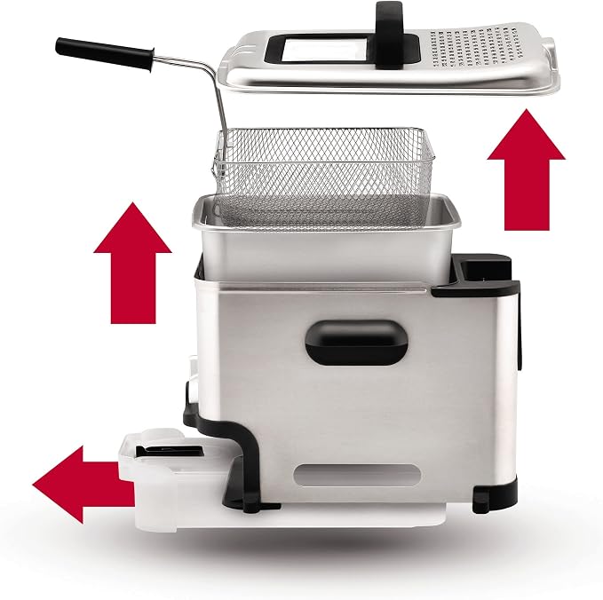 T-fal 3.5L Stainless Steel Deep Fryer with Basket for Home Use, 1700W, Deep Fryer with Oil Filtration, Temp Control, Digital Timer
