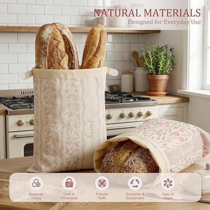 2 Pack Beeswax Sourdough Bread Bags, Large capacity 13x17'' for Homemade, Reusable Organic Beeswax Linen Cotton Bread Storage Bag with Lock Closure, Keeps Fresh, Homesteading Essentials