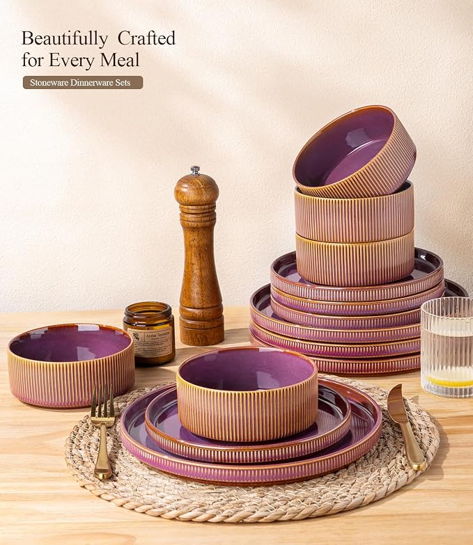 GBHOME 12-Piece Stoneware Dinnerware Set for 4 – Ribbed Ceramic Plates and Bowls, Scratch-Resistant, Microwave & Dishwasher Safe, Reactive Glaze,Purple Gradient