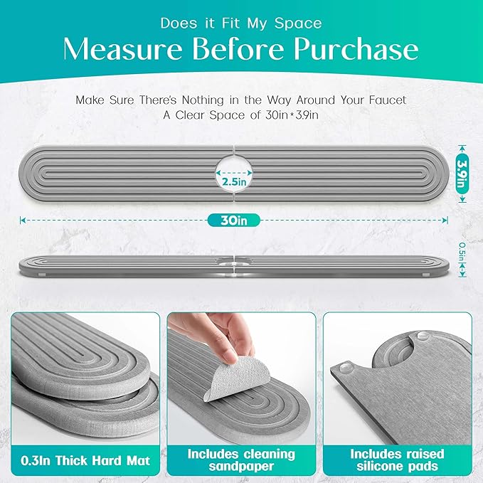 Stone Faucet Mat for Kitchen Sink – Diatomite Fast-Drying Stone Tray, Faucet Mat Sink Splash Guard, Decorative Sink Protector for Kitchen Bathroom Counter (Grey, 30''x3.9'')