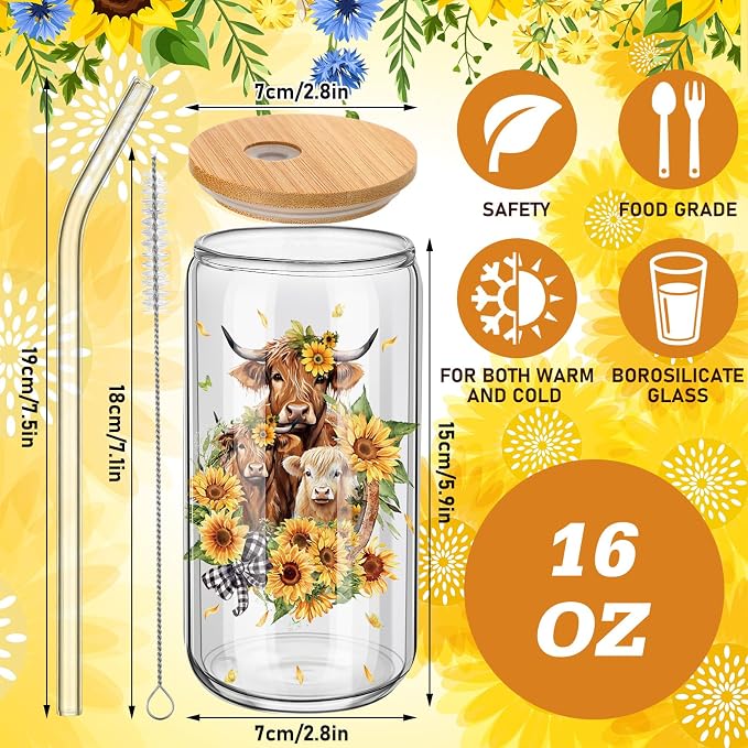 Teenyyou 12 Set of Highland Cow Glasses with Bamboo Lid and Glass Straw 16 oz Summer Drinking Cup Beer Iced Coffee Cup Tumbler Mugs for Teacher's Day Gift Holiday Party Office
