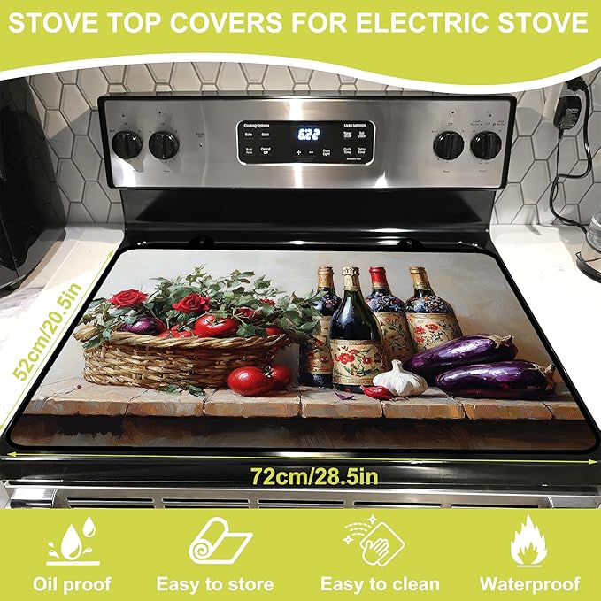 Glass Stove top Cover 28"x 20", Stove Top Covers for Electric Stove, Flat Range Mat for Glass Cooktop, Kitchen Heat-Resistant Protector Non-Slip Drying Mat (Foods and Wine Bottles)