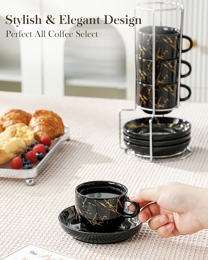 MALACASA 4 OZ Porcelain Espresso Cups with Saucers and Metal Stand Set of 4, Stackable Cappuccino Cups, Marble Black Expresso Shots Cup Set for Coffee Drinks, Latte, Tea