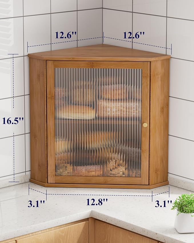 Kitsure Bread Box - 2-Tier Corner Bread Box for Kitchen Countertop with Magnetic Acrylic Door, Bamboo Kitchen Counter Organizer for Snacks, Loaves, Homemade Bread Storage, Brown, 16.5" H