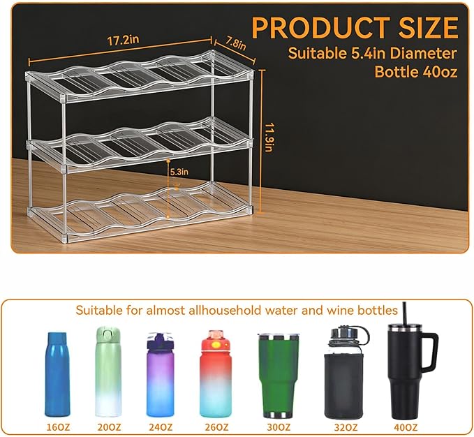 Stackable Water Bottle Organizer for Cabinet,3 Tier Water Bottle Holder for Stanley Yeti 40 oz Bottle Shelf,Clear Tumbler Storage Organizer,Wine Rack,Cup Organizer for Kitchen Cabinets Counter Pantry