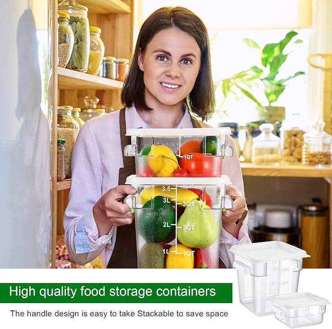 FoldTier 2 Pieces Square Food Storage Containers Polycarbonate Clear food Container with Lid Commercial Storage with Graduations for Commercial Kitchen Dough Marinating Meat (White,2 Qt,4 Qt)