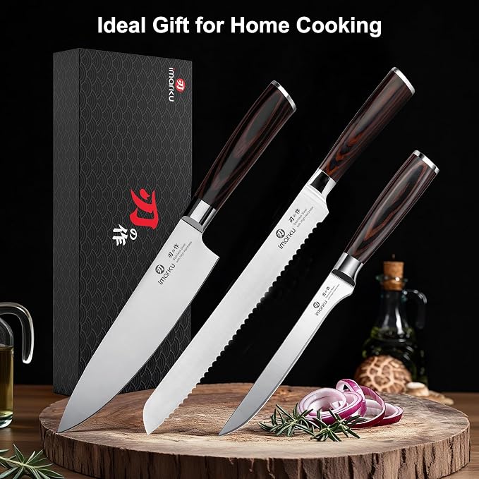 imarku Knife Set, 3 Piece Japanese High Carbon Stainless Steel | Razor Sharp 8 inch Chef Knife, 10 inch Bread Knife and 6 inch Boning Knife for Meat, Bread, Vegetables and Kitchen Prep