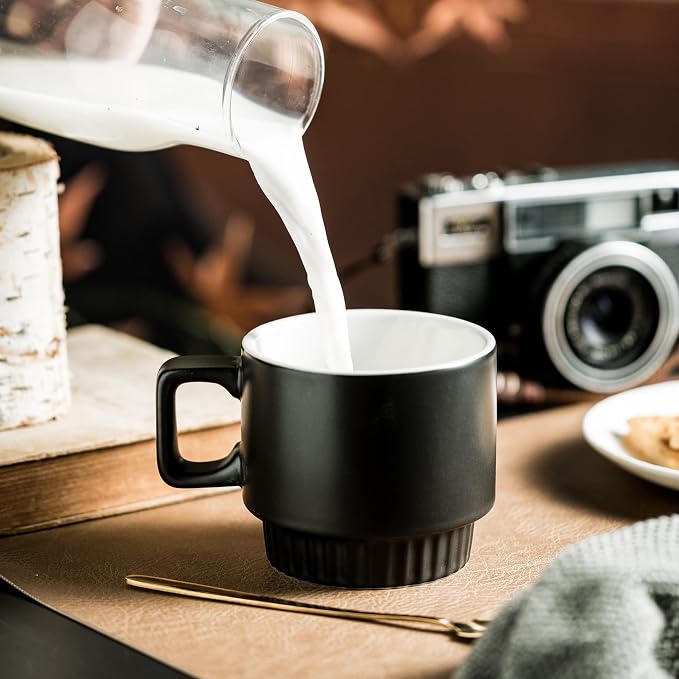 Miamolo Stackable Coffee Mugs with Stand Set of 4, Space-saving Storage | 11oz, Ceramic Latte Mugs | for Espresso Cappuccino Tea Hot Cocoa | Dishwasher & Microwave Safe | Housewarming Gift | Black