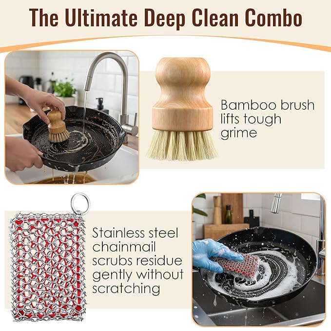 4pcs Cast Iron Cleaner and Care Kit - 6oz Cast Iron Seasoning Wax, Chainmail Cleaning Scrubber, Silicone Pot Handle Holder and Bamboo Dish Brush for Wok, Skillet, Pan, Dutch Oven, Griddle