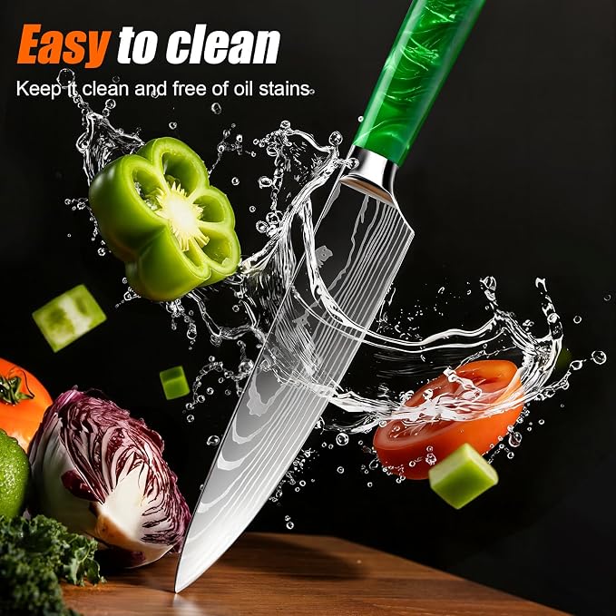 10-Piece Premium Japanese Kitchen Knife Set - Star Collection, Laser Damascus Pattern, 440A Stainless Steel Ultra Sharp for Fast Cutting (Green)
