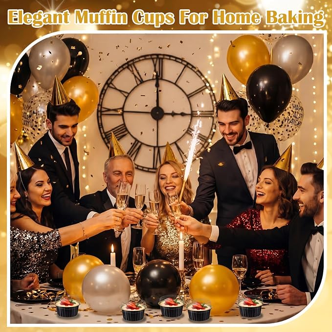 Gejoy 500 Pcs Aluminum Foil Baking Cups with Lids 5 oz Disposable Ramekins Mini Cake Pans Creme Brulee Cupcake Liners Muffin Dessert Container for Wedding Birthday Party (Classic,Black and Gold)