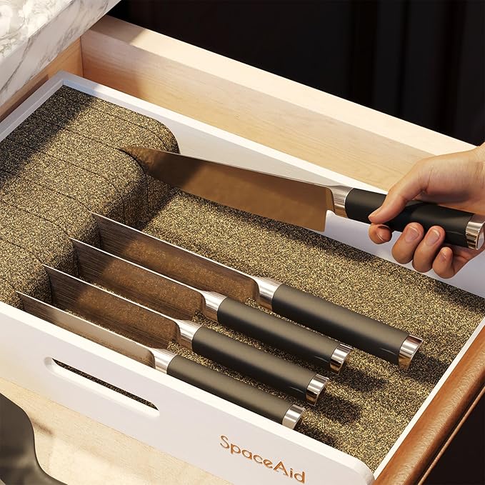 SpaceAid Knife Drawer Organizer 9 inches Wide Bamboo Insert Dock, Kitchen Steak Knives Holder Organizers Block for Drawer in Storage Organization (Medium, White)