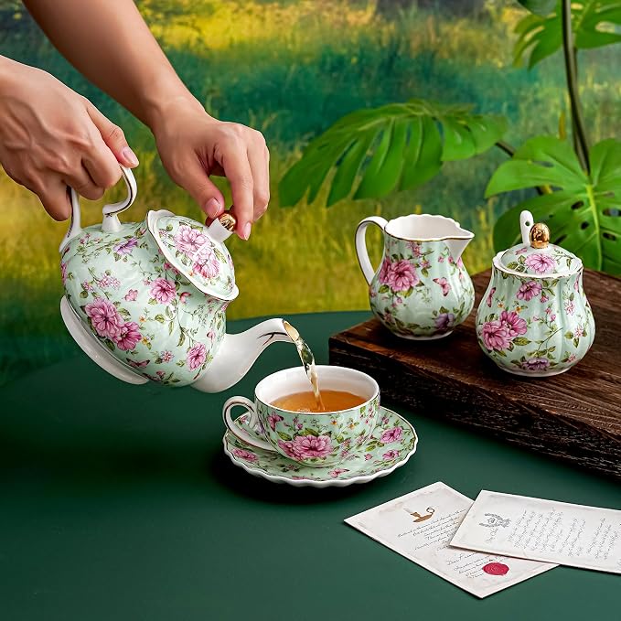 Agyiuns Tea Cup and Saucers, 6.4oz Floral Tea Cups with Gold Trim, Porcelain Teacup, Coffee Cappuccino Espresso Latte Mugs for Party Birthday,Party Cafe Home, Christmas Gift (Green)