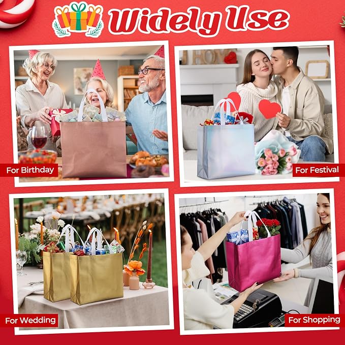 Eccliy Reusable Gift Bags Set Glossy Grocery Gift Tote Bag with Handle for Wedding, Bridal Shower, 4th of July, Summer Event(12 x 11 x 4.7 I Inch,Colorful,80 Pcs)