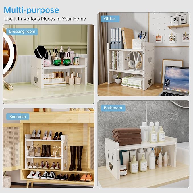 Fun-Face Expandable Cabinet Shelf Organizer,Adjustable Height & Width, Stackable Metal Storage Rack,Kitchen Spice Rack, Pantry Shelf, Countertops (1, White)