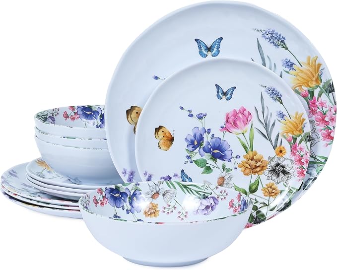 12 Piece Melamine Dinnerware Sets - Plates And Bowls Sets Floral Dinnerware Sets- Spring Camping Dishs Indoor Outdoor Use,Flowers And Butterflies Pattern