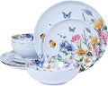 12 Piece Melamine Dinnerware Sets - Plates And Bowls Sets Floral Dinnerware Sets- Spring Camping Dishs Indoor Outdoor Use,Flowers And Butterflies Pattern