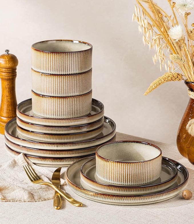 GBHOME Stoneware Dinnerware Sets for 4,12 Pieces Lightweight Ceramic Ribbed Plates and Bowls Set,Reactive Glaze Stackable Plate Sets,Scratch Resistant Dishes,Microwave &Dishwasher Safe, Smokey Taupe