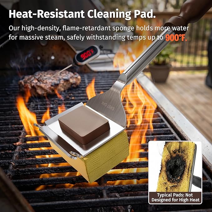 East Oak 16“ Bristle-Free Grill Brush, 2mm Thick Stainless Steel Rod, Heat-Resistant Aramid Sponge Head (900°F), Steam Cleaning Brush with Scraper, Safe for Cast Iron & Stainless Steel Grates