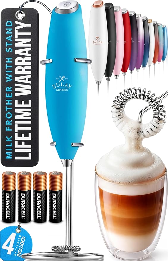 Zulay Kitchen Powerful Milk Frother Wand With 4 AA Duracell Batteries - Ultra Fast Handheld Drink Mixer - Electric Whisk Foam Maker for Coffee, Lattes, Cappuccino, Matcha & Creamer - Blue Teal