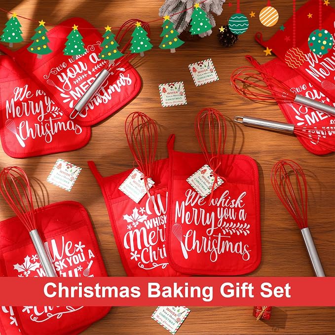 LemonRoad 12 Sets Christmas Whisk Baking Gift Set Xmas Silicone Whisks Oven Mitt Pot Holder Greeting Cards Ribbon Bags for Holiday Kitchen Utensils Cooking Supplies Neighbor Gift(Classic,Red)