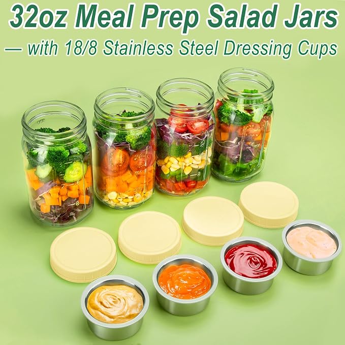KTKUDY 2 Pack 32 oz Glass Salad Jars with Dressing Cups (Pod) - Meal Prep Salad Container for Lunch - Leakproof Mason Jars with Lids