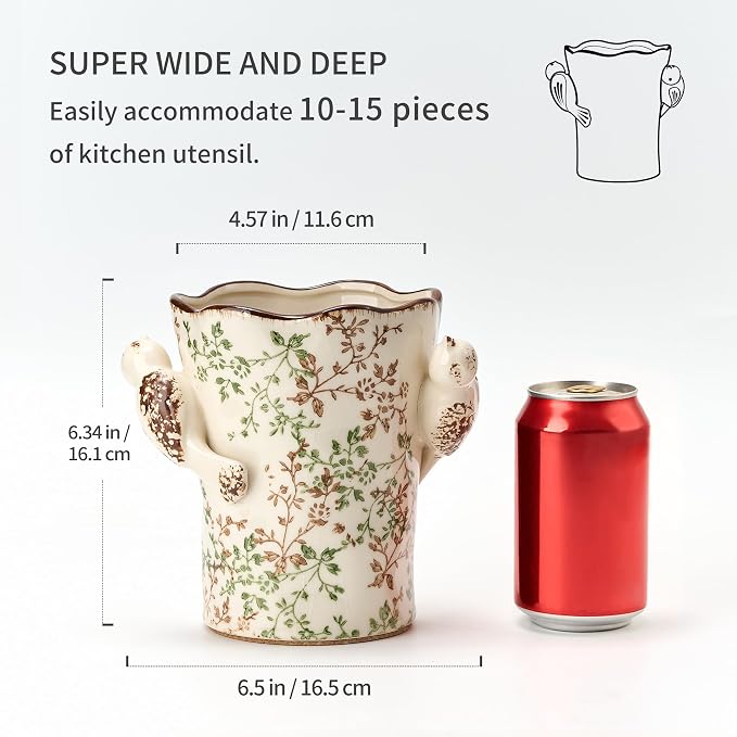 6.34'H Utensil Holder for Kitchen Counter, Modern Farmhouse Cooking Utensil Holder and Crock Home Kitchen Decor, Ceramic Utensil Organizer for Spatula, Ladle, Eggbeater, Rolling Pin- Green and Beige