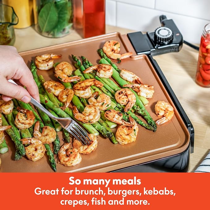 bella XL Electric Ceramic Titanium Griddle, Make 15 Eggs At Once, Healthy-Eco Non-stick Coating, Hassle-Free Clean Up, Large Submersible Cooking Surface, 12" x 22", Copper/Black