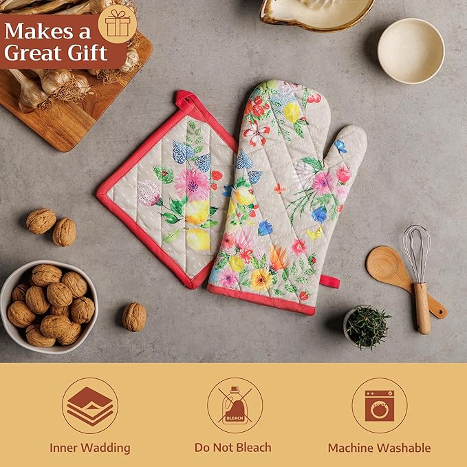 Maison d' Hermine 100% Cotton Oven Mitt & Pot Holder Set (7.5"x13" & 8"x8") Heat Resistant BBQ Cooking Gloves with Loop Grilling Kitchen Gifts for Mothers Day Spring/Summer (Jardin D'Ete - Fog)