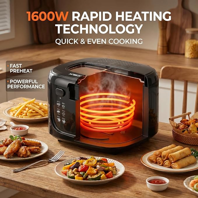 KEINVE Electric Deep Fryer with Basket, 2.5L Oil Fryer with Non-Stick Inner, Viewing Window, 1600Watt Fast Heating, Black
