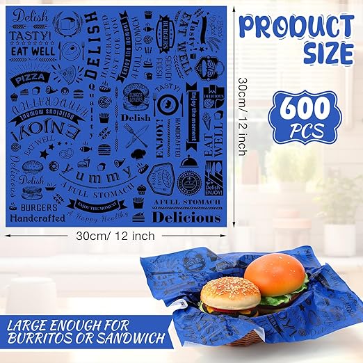 Outus 600 Pcs 12 x 12 Inch Deli Wax Paper Sheets Grease Resistant Tray Basket Liners Newsprint Paper Water and Grease Proof Sandwich Wrapping Square Hot Dog Wrapper for Food Baking (Blue)