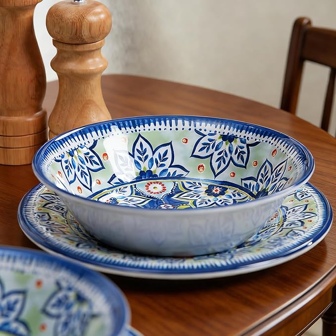 12-Piece Blue Melamine Dinnerware Set, Service for 4, Unbreakable Kitchen Plate and Bowl Set for Indoor & Outdoor Use, Lightweight and Durable, Great for Camping, Picnics, Parties and RVs