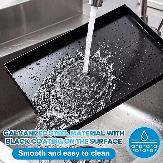 Wesiti 1 Pcs Ice Maker Drain Pan 24" x 15" x 1.5" Water Damage Prevention Galvanized Steel Welded Ice Maker Drain Pan, Leak-Proof Corrosion-Resistant, for Household and Commercial (Black)
