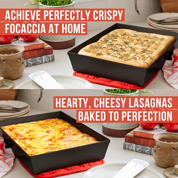 Chef Pomodoro Detroit Style Pizza Pan, 10 x 14 inch, Hard Anodized Rectangular Aluminum Deep Dish Pizza Pan, Pre-Seasoned Bakeware Kitchenware | Pre-Seasoned Nonstick Rectangular Bakeware, 2.5in Deep, Great for Casseroles, Focaccia & Deep Dish Desserts