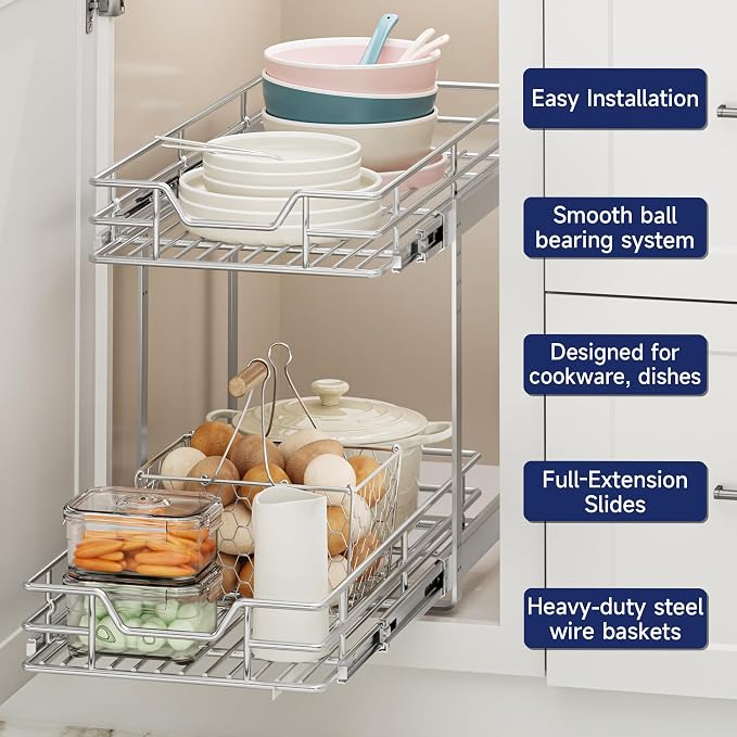 2-Tier Pull Out Cabinet Organizer, 12.5" W x 21.5" D, Heavy Duty Dual Slide Out Shelves for Narrow Base Cabinets, Chrome Wire Basket Drawer for Spices, Bottles & Snacks
