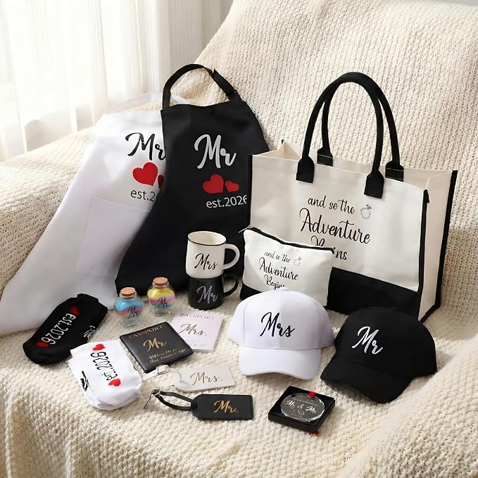 15 Pcs 2026 Wedding Gift Mr and Mrs Gifts for Couples Set, Mr and Mrs Aprons Wedding Honeymoon Bridal Shower Cooking Gifts Ideas for Bride Groom Engagement Anniversary Travel(Adventure)