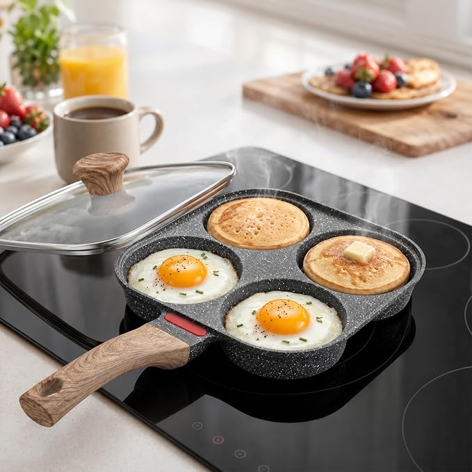 4-Cup Nonstick Egg Pan with Lid, Aluminum Multi-Section Frying Pan, Egg Cooker & Mini Pancake Maker for Breakfast, Pancakes & Omelets, Compatible with Gas & Induction Cooktops