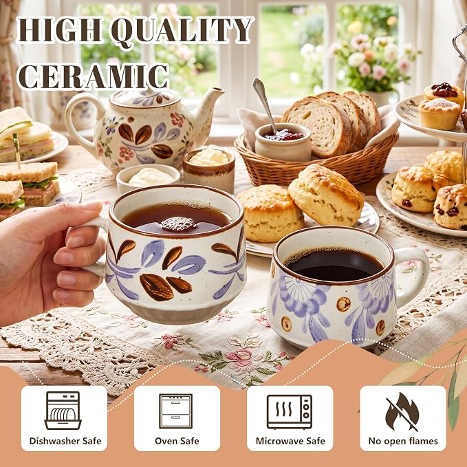LemonRoad Vintage Tea Cup and Saucer Set of 2, 10oz Porcelain Coffee Mugs with Saucer for Latte Mocha Cappuccino Ceramic Teacups for Housewarming Wedding Gifts Kitchen Table Decor