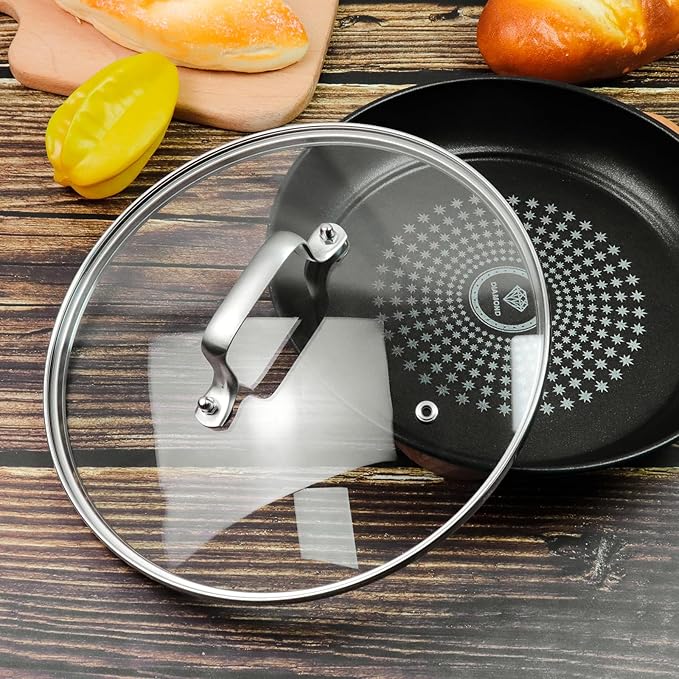 8 Inch Clear Glass Pot Lid for Frying Pan Replacement Cover Can Withstand 356°F (180℃) with Stainless Steel Arch Bridge Handle,Matte Silver