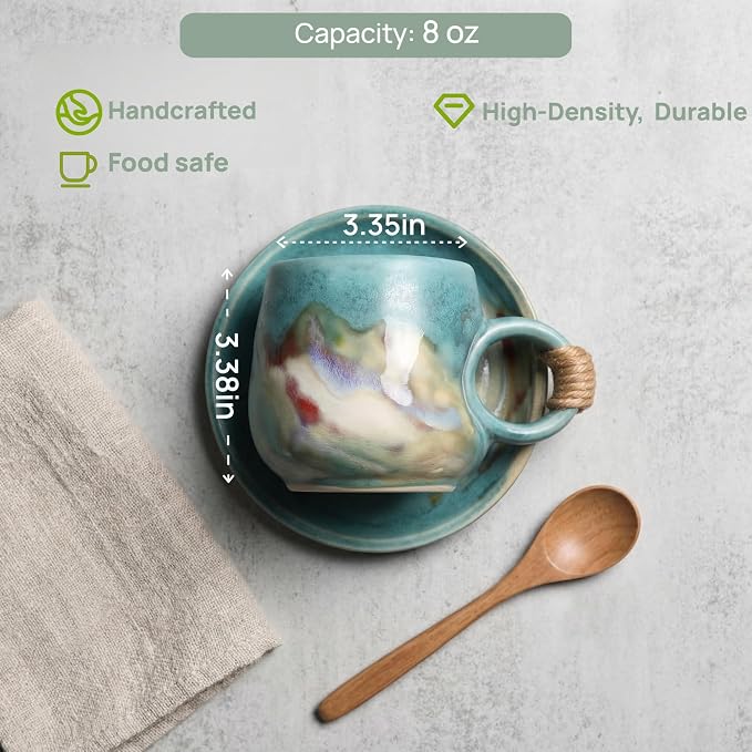 Little handmade ceramic pottery tea cup with saucer, espresso cup | 8 oz stoneware demitasse cup for lungo,cortado,Matcha, Americano