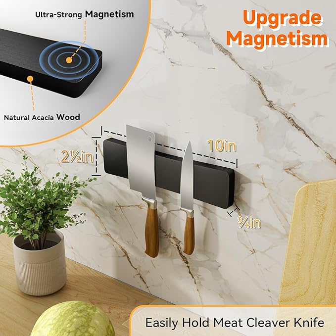 Magnetic Knife Holder for Wall, Acacia Wood Knife Magnetic Strip No Drill Knife Magnet Storage Bar Magnetic Tool Key Holder Strip for Kitchen Utensil Organizer (Black, 10 Inch)