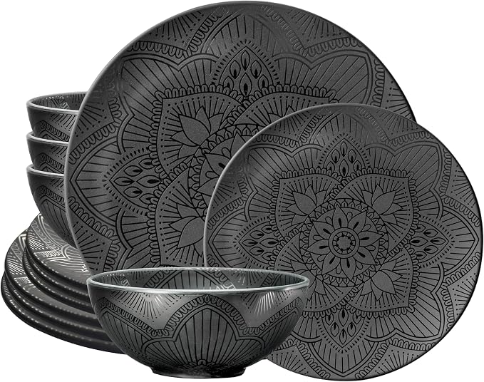 bzyoo 12 Piece Black Melamine Dinnerware Set - Durable, Dishwasher Safe Black Plates and Bowls - Ideals for Parties, Camping Dish Set La La Mandala