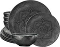 bzyoo 12 Piece Black Melamine Dinnerware Set - Durable, Dishwasher Safe Black Plates and Bowls - Ideals for Parties, Camping Dish Set La La Mandala