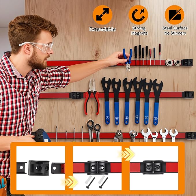 24" Magnetic Tool Holder Strip, 6 Pieces Red Metal Tool Organizer Rack with Stainless Steel Surface, Magnet Bar for Garage Workshop, Easy To Install with Mounting Screws